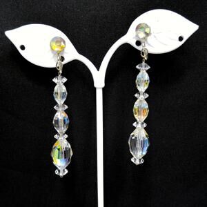 Vintage Crystal Aurora Borealis Long Earrings, Faceted AB Clear Beads